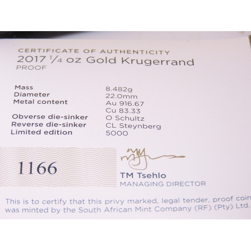 105 - A 2017 South African quarter ounce gold Krugerrand, struck to proof standard. The obverse depicts th... 