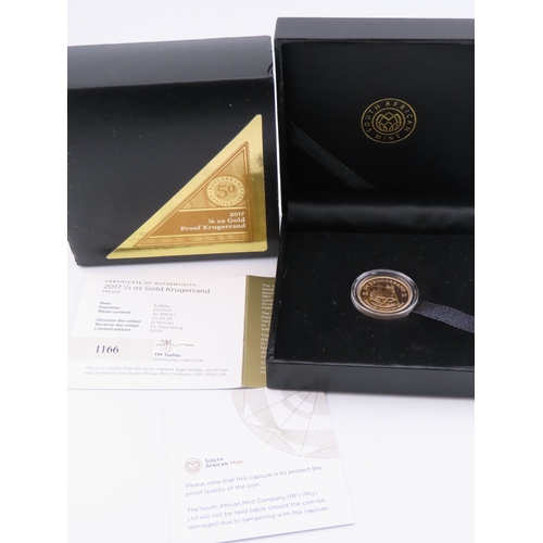 105 - A 2017 South African quarter ounce gold Krugerrand, struck to proof standard. The obverse depicts th... 