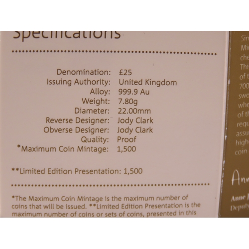 118 - The Royal Mint Queens Beasts The Black Bull of Clarence gold proof coin. A United Kingdom 25 pound g... 