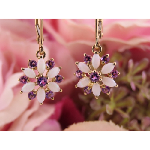 174 - Pair of 9ct Gold Amethyst and Opal Earrings. Each of floral cluster design set with alternating amet... 