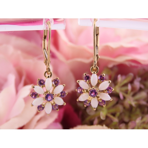 174 - Pair of 9ct Gold Amethyst and Opal Earrings. Each of floral cluster design set with alternating amet... 