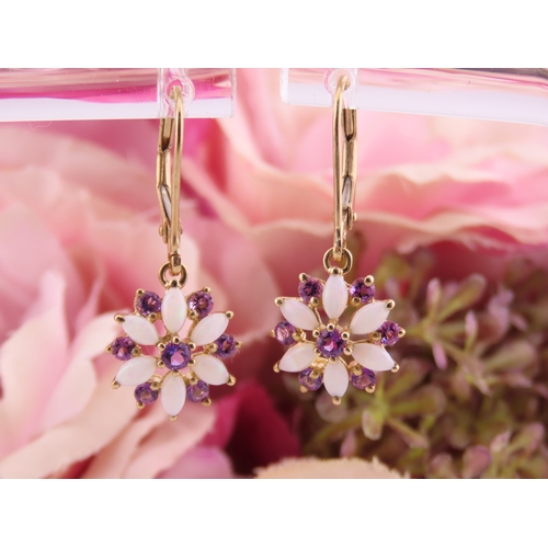 174 - Pair of 9ct Gold Amethyst and Opal Earrings. Each of floral cluster design set with alternating amet... 