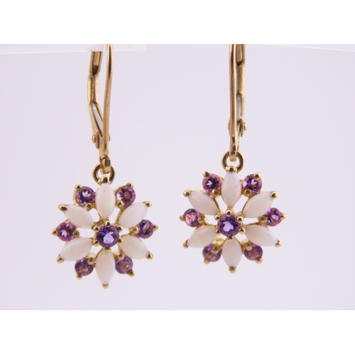 174 - Pair of 9ct Gold Amethyst and Opal Earrings. Each of floral cluster design set with alternating amet... 