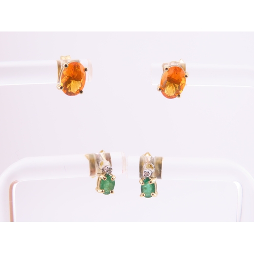 176 - Two Pairs of 9ct Gold Earrings. One pair set with fire opals and the other with emeralds both fitted... 