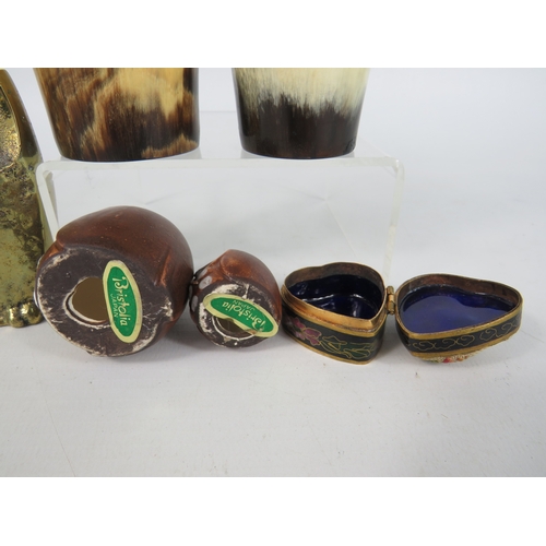 52 - Selection of items inc. 2 horn drinking vessels (8cm) 1 metal owl 2 Bristolia ceramic owls and trink... 