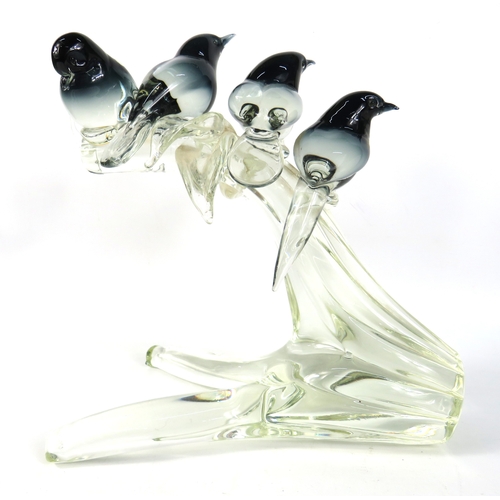 63 - Glass bird figurine group on branch - 30cm x 25cm x 18cm
