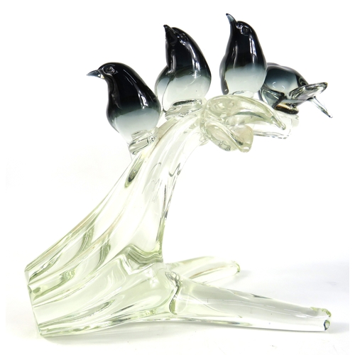 63 - Glass bird figurine group on branch - 30cm x 25cm x 18cm