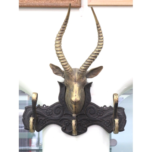 66 - Wall mounted antelope head coat rack in cast metal - 63cm x 52cm
