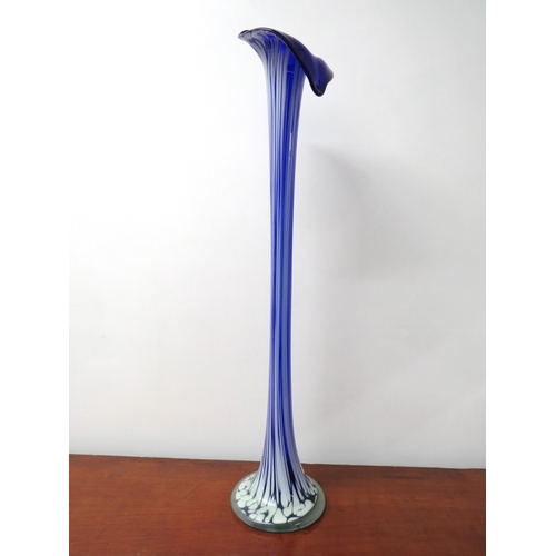 69 - Large decorative blue and white striped glass vase - 83cm tall