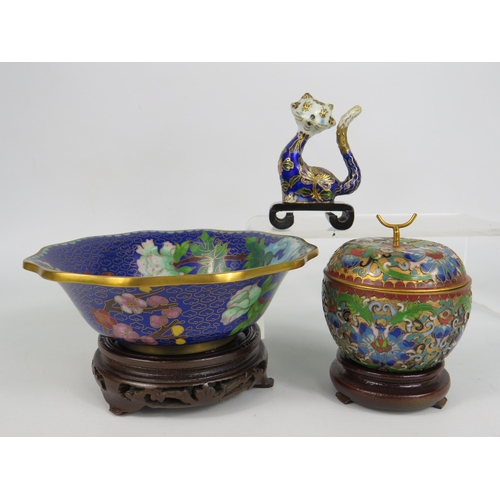 77 - Three cloisonne items - bowl on stand (15cm diameter) lidded jar and cat figure