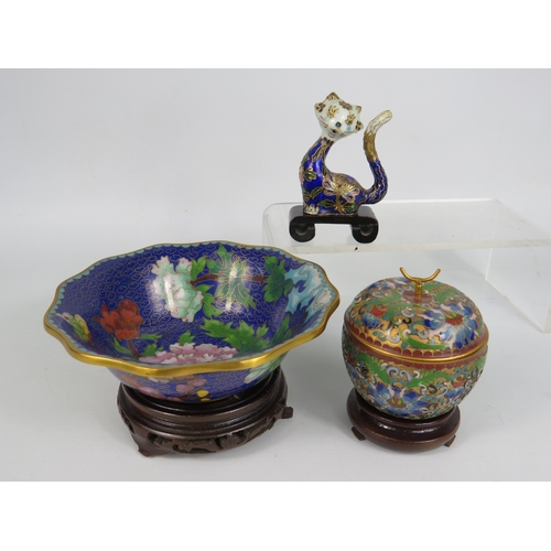 77 - Three cloisonne items - bowl on stand (15cm diameter) lidded jar and cat figure