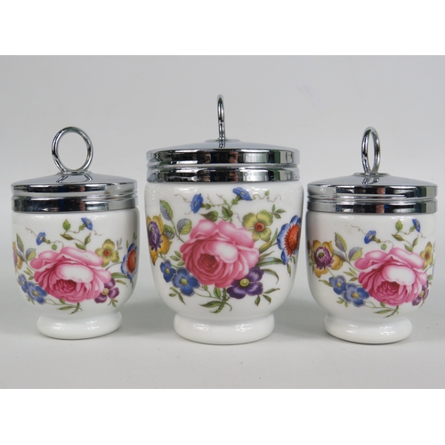 83 - Three Royal Worcester floral egg coddlers with chrome lids - tallest 8cm