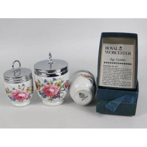 83 - Three Royal Worcester floral egg coddlers with chrome lids - tallest 8cm