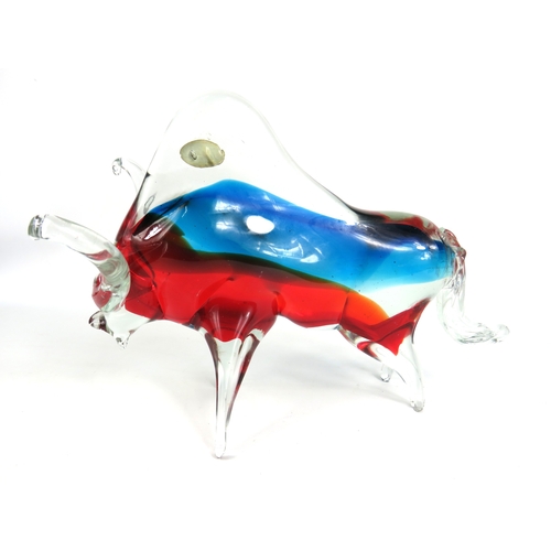84 - Murano glass bull figurine in red and blue tones - 21cm tall