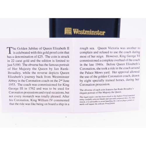 185 - A Guernsey Golden Jubilee proof gold £25 coin dated 2002, struck in 22 carat gold and commemorating ... 