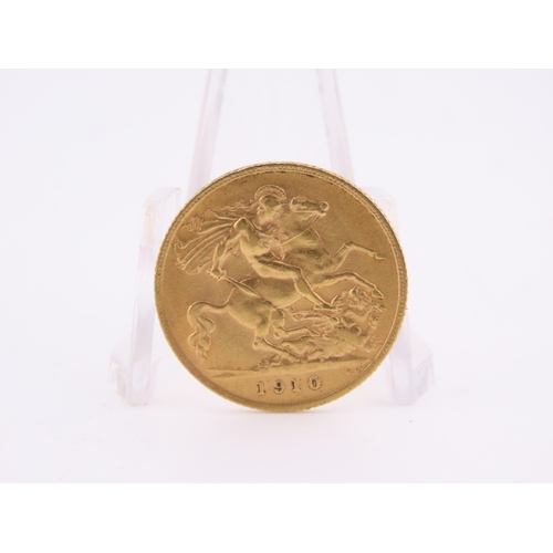 188 - A gold half sovereign dated 1910, struck in 22 carat gold and featuring the St George and the Dragon... 