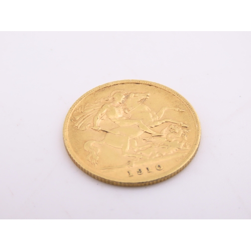 188 - A gold half sovereign dated 1910, struck in 22 carat gold and featuring the St George and the Dragon... 