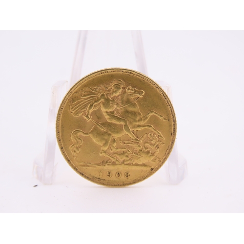 189 - A gold half sovereign dated 1908, struck in 22 carat gold and featuring the St George and the Dragon... 