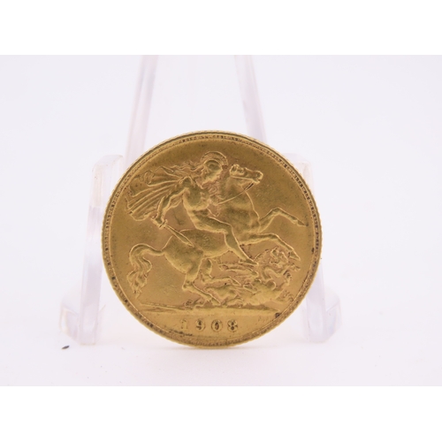 189 - A gold half sovereign dated 1908, struck in 22 carat gold and featuring the St George and the Dragon... 