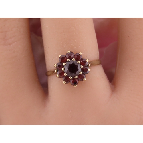 191 - A 9 carat gold garnet cluster ring, the central garnet surrounded by a halo of matching garnets in a... 