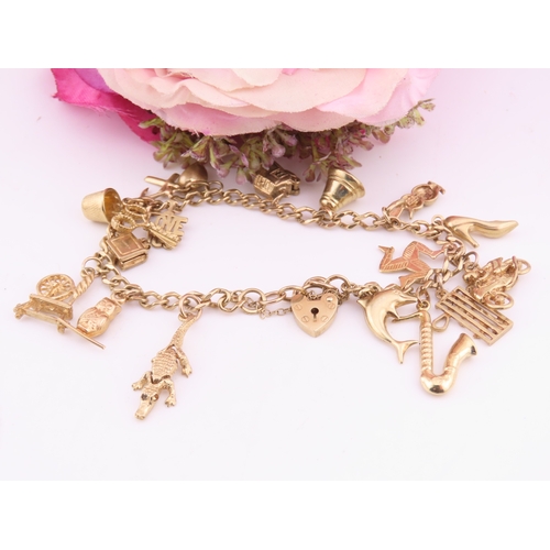 198 - A 9 carat gold charm bracelet, fitted with a padlock clasp and suspending seventeen assorted gold ch... 