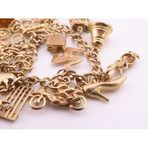198 - A 9 carat gold charm bracelet, fitted with a padlock clasp and suspending seventeen assorted gold ch... 