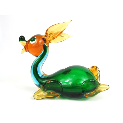 87 - Murano glass deer figurine in green amber and blue tones - 15cm tall