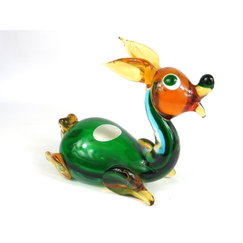 87 - Murano glass deer figurine in green amber and blue tones - 15cm tall