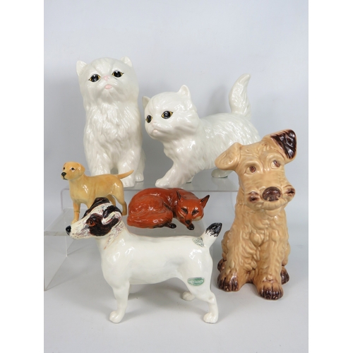 89 - Ceramic animal figurines by Beswick SylvaC and Melba Ware - cats dogs and fox - tallest 19cm