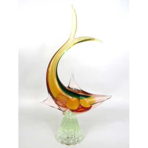 94 - Murano glass fish on ribbed base in amber green and red - 36cm tall
