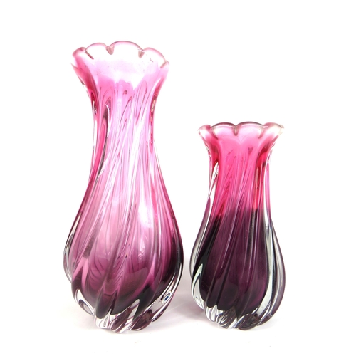 95 - Two Chribska cranberry pink glass vases with scalloped rims - tallest 31cm