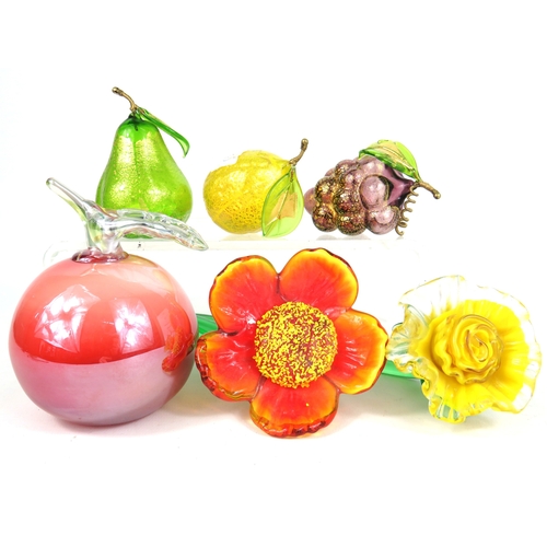 96 - Glass fruit and flower ornaments some Murano - apple pear lemon grapes and flowers - apple 12cm tall