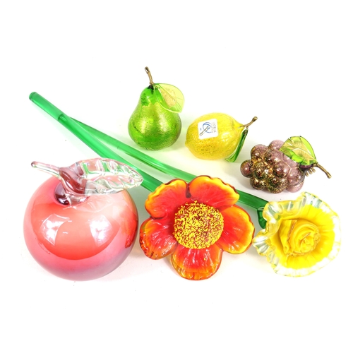 96 - Glass fruit and flower ornaments some Murano - apple pear lemon grapes and flowers - apple 12cm tall