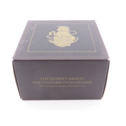 114 - The Royal Mint Queens Beasts The Unicorn of Scotland gold proof coin. A United Kingdom 25 pound gold... 