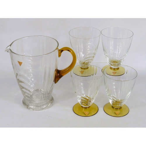 11 - Vintage Art Deco Glass Jug & Four Matching Glasses with Amber Bases - Jug Height 19cm