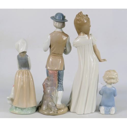 12 - Four Porcelain Figurines - Two NAO & Two by Miguel Requena - Tallest 29cm (Man A/F - Repair to Neck)