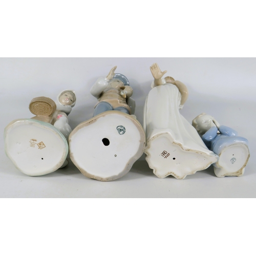 12 - Four Porcelain Figurines - Two NAO & Two by Miguel Requena - Tallest 29cm (Man A/F - Repair to Neck)