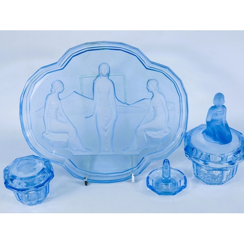 8 - Walther & Sohne Art Deco Blue Glass Egyptian Revival Dressing Table Set - Tray Powder Boxes & Ring H... 