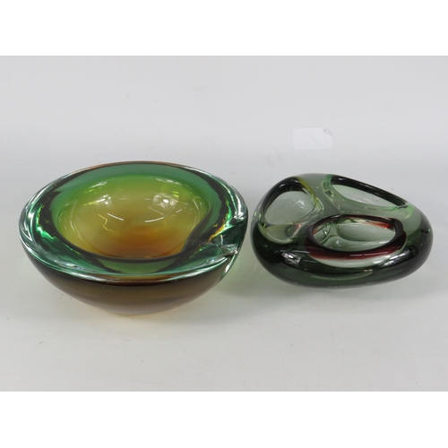 9 - Two Murano Style Art Glass Ashtrays/Bowls in Green - Larger 17cm Diameter