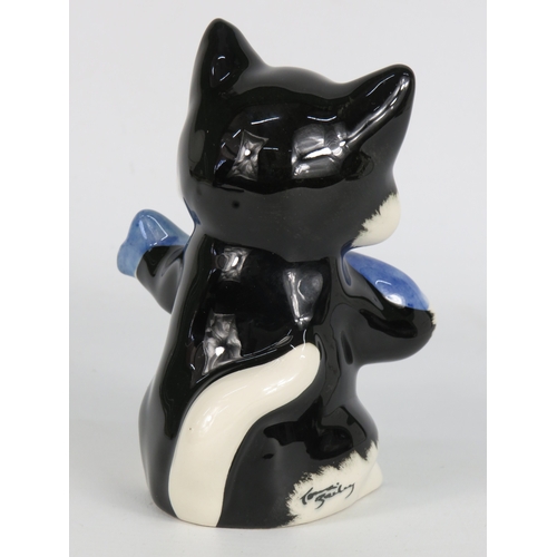28 - Lorna Bailey Pikey Cat Figurine - Black & White Cat Holding Fish - Height 13cm