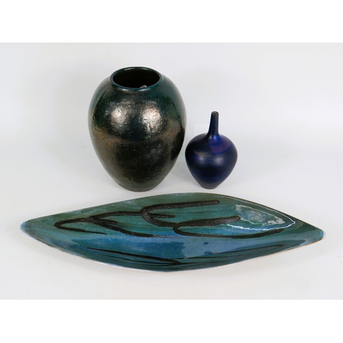 44 - Three Studio Pottery Pieces - Large Dark Green Glazed Vase Blue Bottle Vase & Abstract Decorated Dis... 