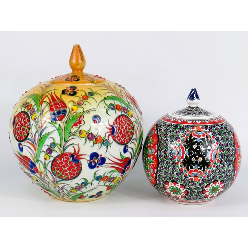 55 - Two Handcrafted Turkish Ceramic Decorative Lidded Jars with Colourful Floral Iznik-Style Decoration ... 