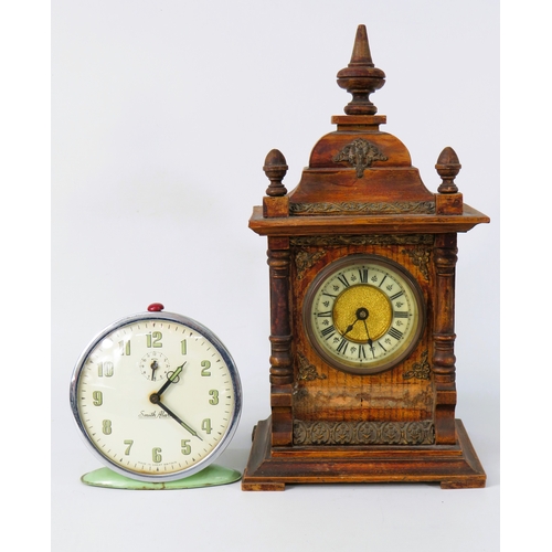 57 - Two Clocks - Antique German Carved Walnut Mantel Clock with Roman Dial 32cm & Vintage Smith's Green ... 