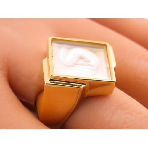 240 - A Lalique gold tone ring, of bold square form set with a frosted glass panel, signed Lalique, comple... 