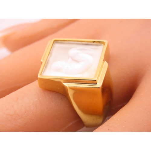 240 - A Lalique gold tone ring, of bold square form set with a frosted glass panel, signed Lalique, comple... 
