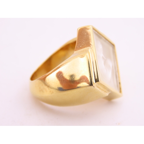 240 - A Lalique gold tone ring, of bold square form set with a frosted glass panel, signed Lalique, comple... 