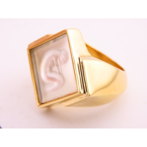 240 - A Lalique gold tone ring, of bold square form set with a frosted glass panel, signed Lalique, comple... 