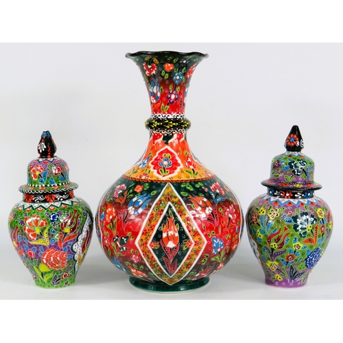 59 - Three Handmade Turkish Ceramics - Large Floral Vase (29cm) & Two Lidded Jars (20cm) - Vivid Multicol... 