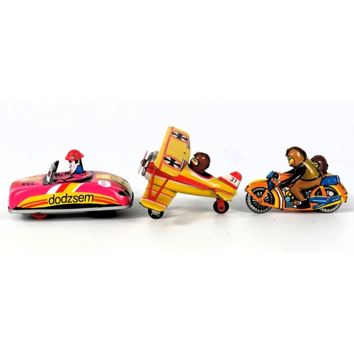 749 - Three Tinplate Toy Miniatures - Dodgem Car / Biplane / Motorbike & Sidecar - Colourful Lithographed ... 