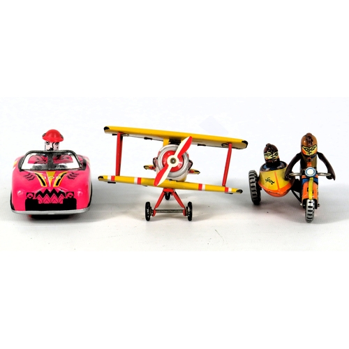 749 - Three Tinplate Toy Miniatures - Dodgem Car / Biplane / Motorbike & Sidecar - Colourful Lithographed ... 